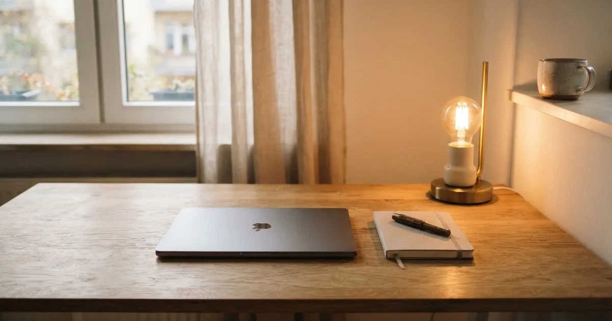 Zamknięty laptop i mały notes leżą na uporządkowanym domowym biurku obok lampki biurkowej.