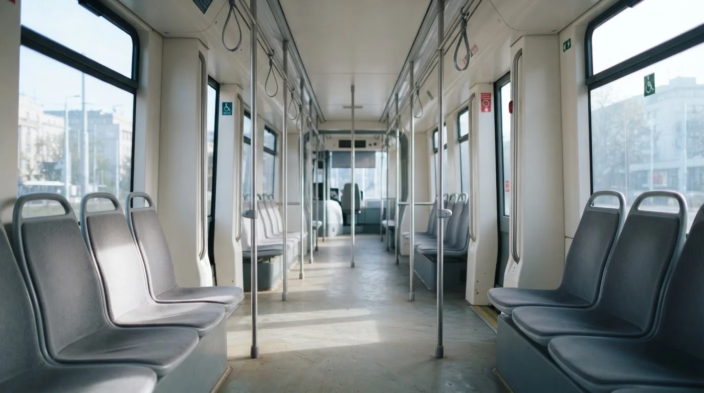 Wnętrze pustego tramwaju z rzędami siedzeń i poręczą w porannym świetle.