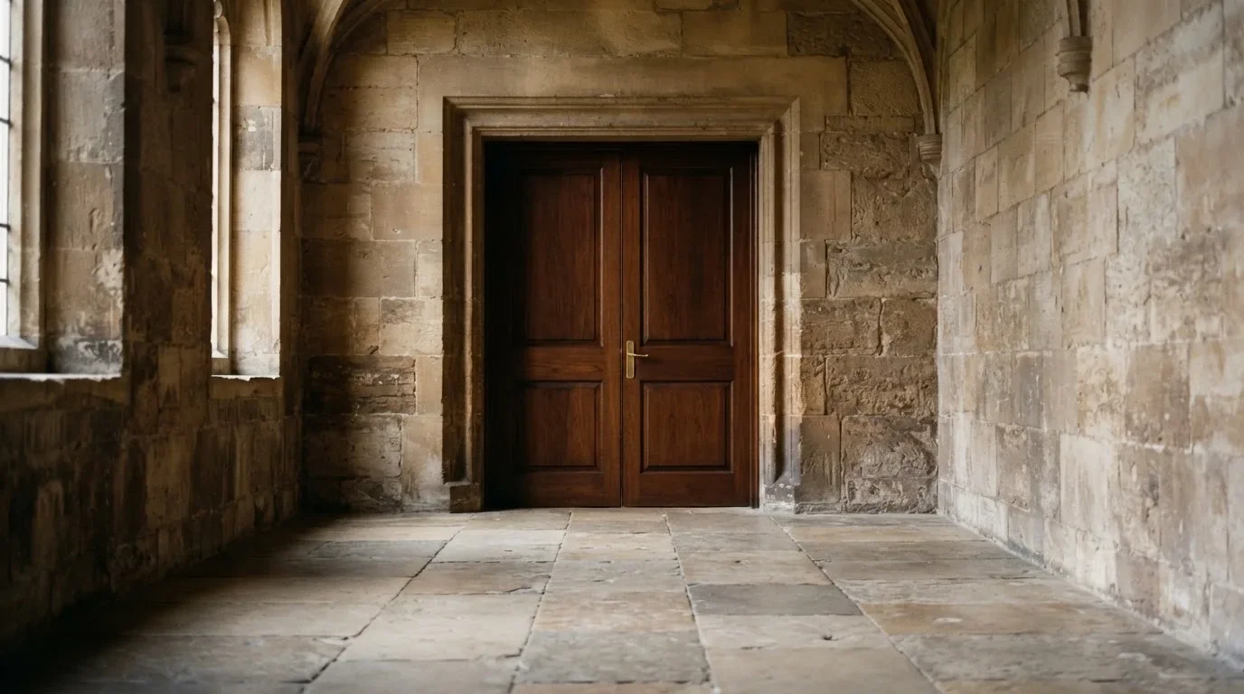 Dwuskrzydłowe drzwi z ciemnego drewna w kamiennej ścianie, przed nimi pusty hol.