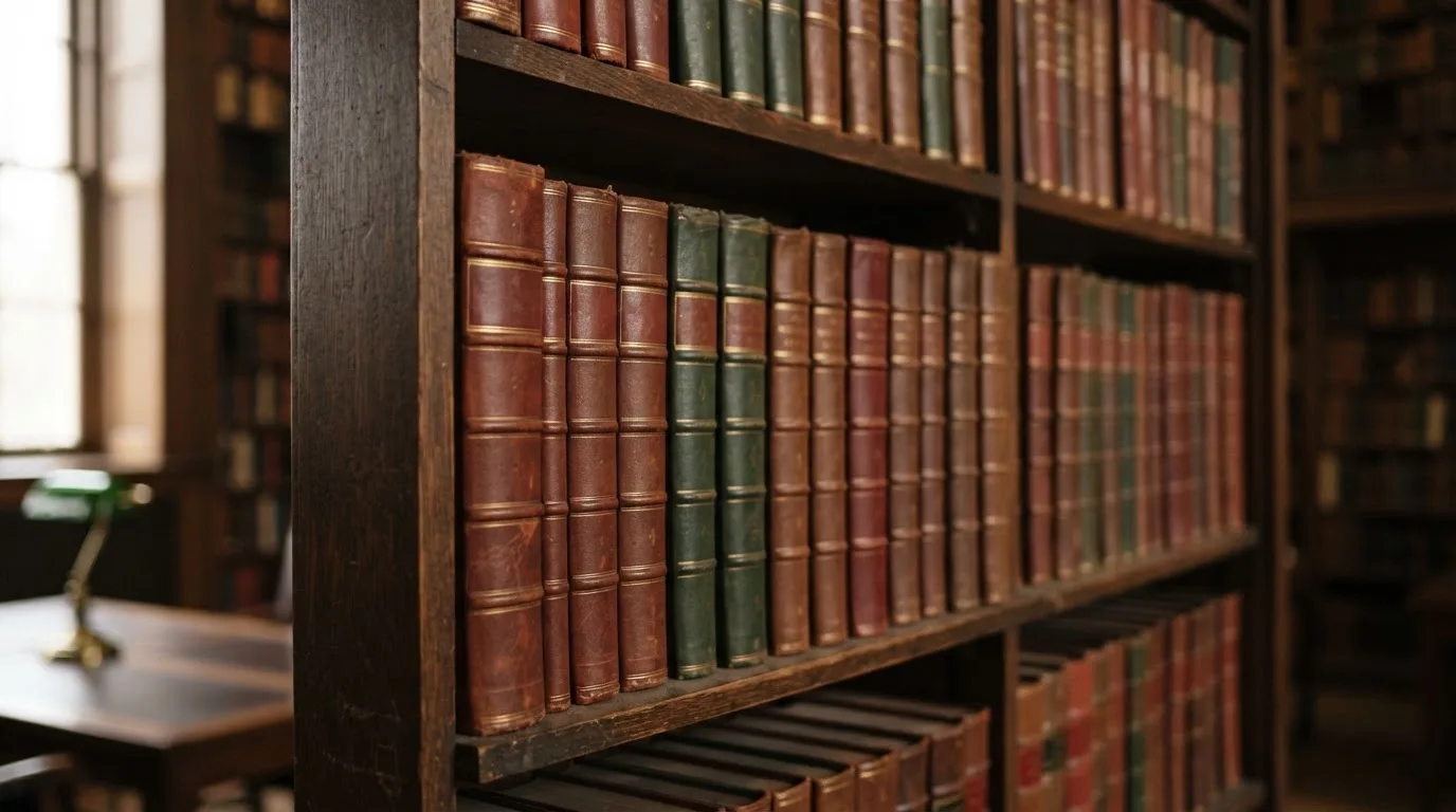 Regał z zamkniętymi książkami w skórzanych oprawach w cichej bibliotece, światło pada z boku.