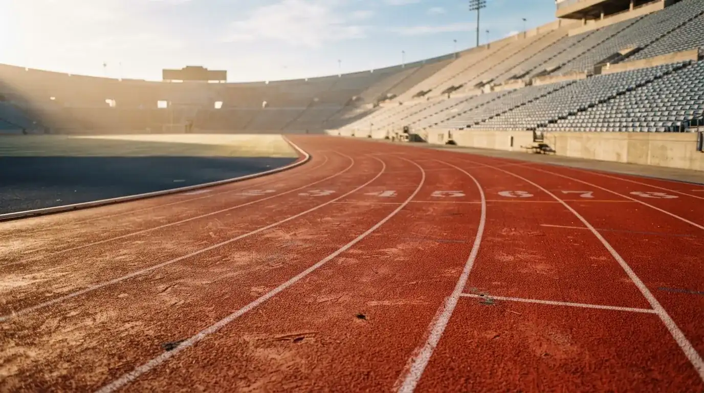 Bieżnia lekkoatletyczna wygięta w łuk pustego stadionu w porannym słońcu.