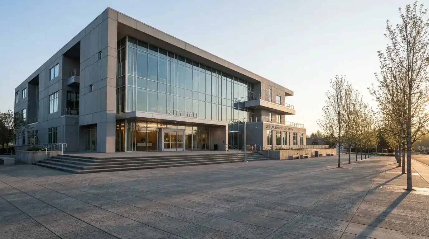 Nowoczesny budynek z szarego betonu i szkła o poranku, szeroki plac przed wejściem, żadnych przechodniów.
