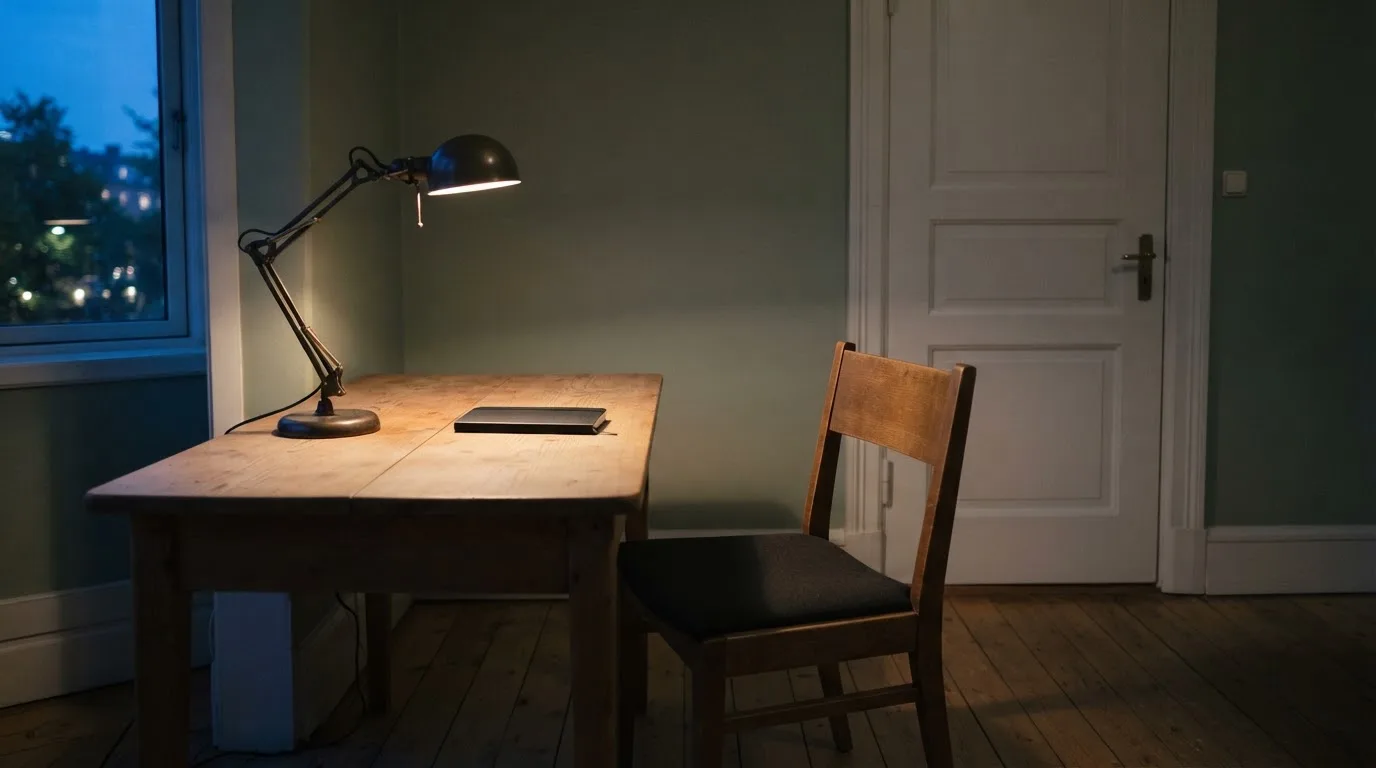 Lampa biurkowa świecąca na pustym drewnianym biurku w cichym gabinecie wieczorem, obok puste krzesło.