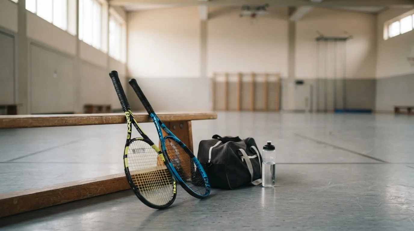 Dwie rakiety tenisowe oparte o ławkę obok sportowej torby i butelki wody w pustej hali treningowej.