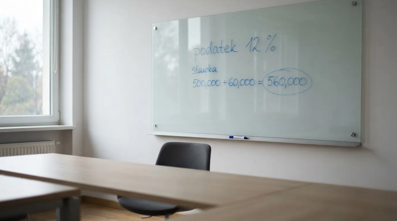 Szklana tablica suchościeralna w pustej sali konferencyjnej, lekko zakurzona, obok leży niebieski pisak.