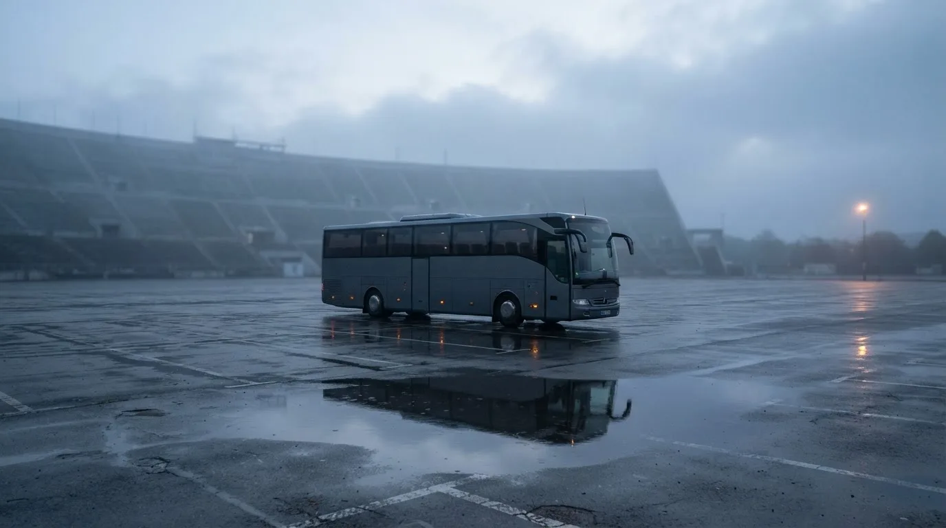 Autokar stoi na parkingu przed stadionem o świcie, rozmyte kontury trybun w tle, pusty plac i mokry asfalt.
