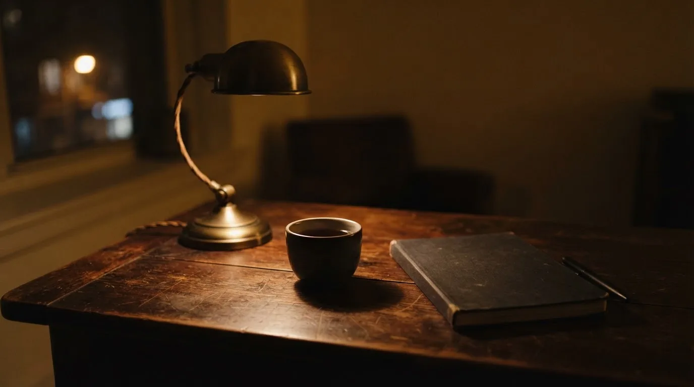 Filiżanka stygnącej herbaty i zgaszona lampka na biurku nocą, obok leży zamknięty zeszyt.